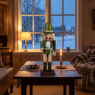Nussknacker „Husar“, 25 cm groß, aus grün lasiertem Holz, mit grünem Hut, weißem Bart und Schnurrbart, in Husarenuniform mit Stab in der Hand, dekorativ auf einem Tisch vor winterlicher Fensterkulisse mit Kerzenlicht und warm beleuchtetem Wohnraum.