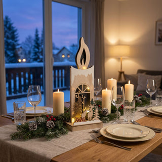 LED-Deko-Kerze „Weihnachtsmann“ (36 cm) mit Timer, farbig und warm leuchtend, als Holzsilhouette mit winterlicher Szene, dekorativ auf einem festlich gedeckten Tisch vor Fenster mit verschneiter Landschaft platziert.