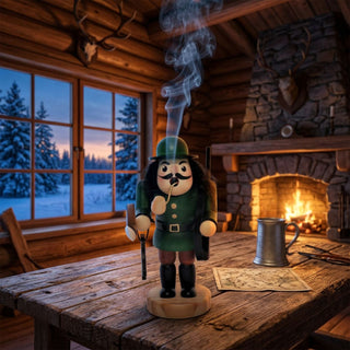 Farbiges Räuchermännchen „Jäger“ (13 cm) aus Holz mit grünem Hut, grüner Jagdbekleidung, Gewehr und Jagdtasche. Aus der Pfeife steigt feiner Rauch auf. Die Figur steht auf einem rustikalen Holztisch in einer gemütlichen Jagdhütte. Im Hintergrund sind ein brennender Kamin, Jagdtrophäen an den Wänden sowie ein Fenster mit verschneiter Winterlandschaft zu sehen. Das warme Kaminlicht schafft eine traditionelle und behagliche Atmosphäre.