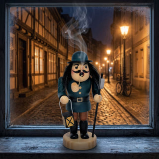 Farbiges Räuchermännchen „Nachtwächter“ (13 cm) aus Holz mit dunkelblauer Uniform, Laterne und Hellebarde. Aus der Pfeife steigt feiner Rauch auf. Die Figur steht auf einer Fensterbank vor einer historischen Altstadtgasse bei Nacht. Warm beleuchtete Straßenlaternen und Fachwerkhäuser spiegeln sich auf dem Kopfsteinpflaster, während die stimmungsvolle Beleuchtung eine traditionelle und gemütliche Atmosphäre schafft.