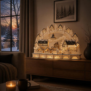 LED-Lichterbogen „Winterstadt“ mit beleuchtetem Winterdorf, verschneiten Häusern und Tannenbäumen in natürlicher Holzoptik auf einem Sideboard im gemütlichen Wohnambiente.