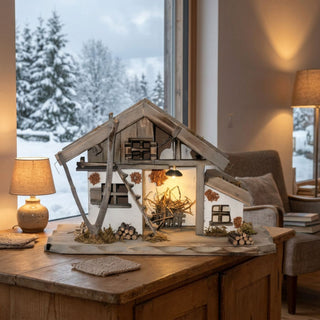 Weihnachtskrippe mit LED-Beleuchtung (ca. 24 cm), farbig gestaltet im rustikalen Stall-Design mit Holzdetails, Leiter und kleinen Dekoelementen. Im Inneren sorgt eine warme LED-Lichtquelle für stimmungsvolle Beleuchtung. Die Krippe steht auf einem Holztisch in einer gemütlichen Wohnstube; im Hintergrund ein großes Fenster mit verschneiter Winterlandschaft sowie Lampen und Sitzmöbel, die eine warme, weihnachtliche Atmosphäre schaffen.
