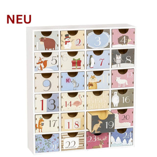 Adventskalender aus Holz mit 24 Schubladen, bunten Tiermotiven und Weihnachtsdesign, befüllbarer Adventskalender für Kinder und Erwachsene, 30 cm.
