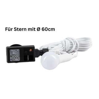 Außenkabel-Set mit LED-Leuchtmittel, weißem Kabel, integriertem Timer und Netzstecker, passend für einen 60 cm Stern.