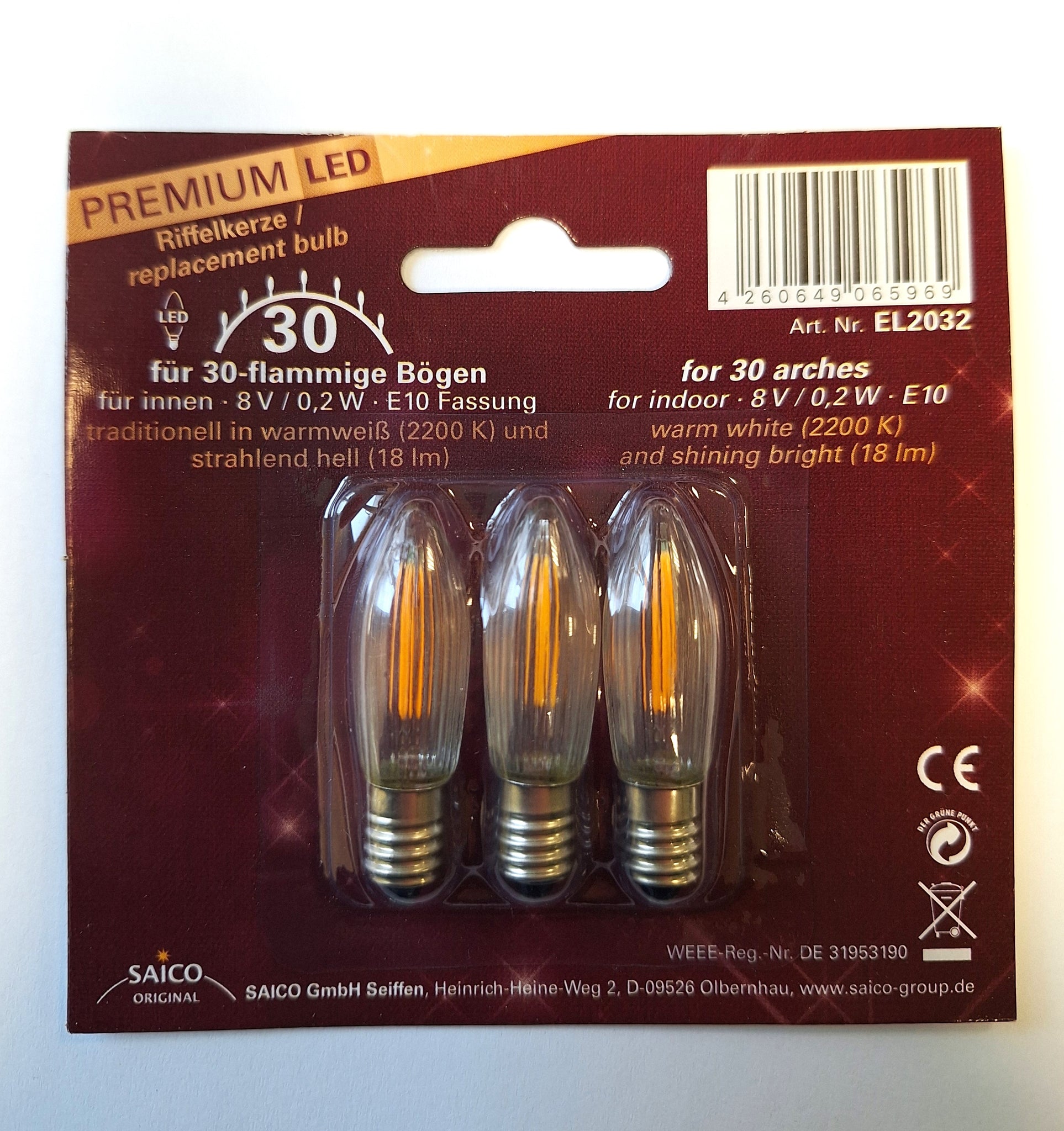 Premium LED Ersatz-/ Riffelkerzen 3x 8V - 0,2W - E10