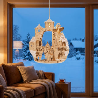 LED-Fensterbild „Drei Haselnüsse für Aschenbrödel®“ mit Raureifeffekt (28 cm) aus naturfarbenem Holz und warmweißer LED-Beleuchtung. Das detailreiche Motiv zeigt Aschenbrödel auf dem Pferd vor einem Burgtor, ergänzt durch weitere Figuren, eine Eule, verschneite Tannen und winterliche Märchenelemente. Der weiße Raureifeffekt verleiht dem Fensterbild eine frostige Winteroptik und setzt die filigranen Details stimmungsvoll in Szene.