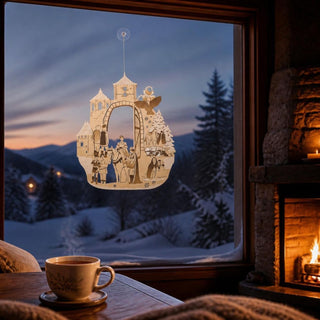 Fensterbild „Drei Haselnüsse für Aschenbrödel®“ aus hellem Holz mit Raureifeffekt und farbigen Akzenten. Die detailreiche Szene zeigt Aschenbrödel auf dem Pferd vor einem Schlosstor, umgeben von Figuren des Märchenfilms, verschneiten Tannen, Haselnüssen und der Eule Rosalie. Die filigrane Gestaltung fängt die märchenhafte Winteratmosphäre des Filmklassikers ein.
