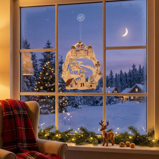 Fensterbild aus naturfarbenem Holz mit Motiv „Drei Haselnüsse für Aschenbrödel®“, am Fenster aufgehängt. Dargestellt ist eine detailreiche Märchenszene mit Schloss im oberen Bereich, einer Reiterfigur sowie weiteren Figuren und Häusern im unteren Teil, umgeben von Tannen und Ornamenten. Im Hintergrund ist eine winterliche Schneelandschaft bei Abenddämmerung zu sehen; im Innenraum stehen ein Sessel mit roter Decke, Lichtergirlande, kleines Rentier und Weihnachtsdekoration auf der Fensterbank.