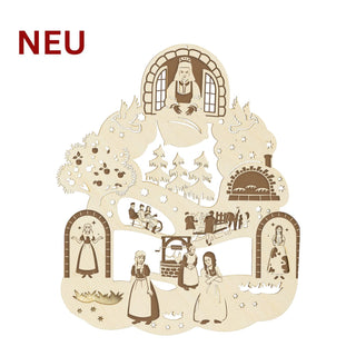 Holz‑Fensterbild „DEFA – Frau Holle“, farbig abgesetzt, mit detaillierten Märchenszenen wie Frau Holle am Fenster, Brunnen‑ und Backofenszene, Apfelbaum und Winterlandschaft; 30 cm groß.