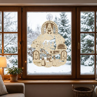 Fensterbild aus naturfarbenem Holz mit Motiv „DEFA – Frau Holle“, farbig abgesetzt und am Fenster befestigt. Dargestellt sind mehrere Szenen aus dem Märchen, darunter Frau Holle am Fenster sowie Figuren, Tiere und ein Brunnen in einer winterlichen Landschaft. Im Hintergrund ist ein verschneiter Garten zu sehen; im Innenraum stehen eine Pflanze, eine Lampe und ein Korb unter dem Fenster.
