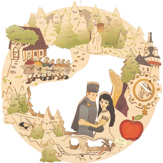 LED Fensterbild „DEFA‑Schneewittchen“ aus Holz, bunt abgesetzt, mit filigraner Darstellung mehrerer Märchenszenen: Figuren, Waldlandschaft, Häuschen, Schloss, Gruppe von Zwergen, Apfel und Spiegelmotiv, stimmungsvoll von innen beleuchtet.