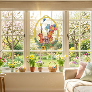 Fensterbild „Hasenkinder mit Luftballons“ (ca. 25 cm), farbiges rundes Fensterdekor mit mehreren Hasenfiguren und bunten Luftballons über Blumenmotiven. Am Fenster aufgehängt, auf der Fensterbank stehen Blumentöpfe mit Narzissen und Krokussen sowie Körbe mit Ostereiern, im Hintergrund ein blühender Frühlingsgarten.