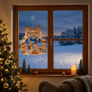 Fensterbild aus Holz mit Szene aus „Drei Haselnüsse für Aschenbrödel®“ (2024), farbig abgesetzt und am Fenster aufgehängt. Im Zentrum tanzt ein Paar unter einem Torbogen, darüber befinden sich Musikanten auf einem Balkon. Weitere Figuren und dekorative Elemente wie Vögel und ein Baum rahmen die Szene. Im Hintergrund ist eine verschneite Winterlandschaft zu sehen; im Innenraum stehen ein geschmückter Weihnachtsbaum, kleine Tannen auf der Fensterbank sowie eine Kerze und Wohnaccessoires.