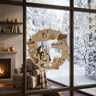 Fensterbild aus Holz mit Motiv „DEFA‑Schneewittchen“, farbig abgesetzt und am Fenster befestigt. Das runde Design zeigt mehrere Märchenszenen, darunter ein Paar in der Mitte, umgeben von Waldlandschaft, Zwergen, einem Schloss sowie einem Apfel. Das Fensterbild hängt vor einer verschneiten Winterlandschaft; im Innenraum sind ein Sessel mit Decke sowie ein Kamin im Hintergrund zu sehen.