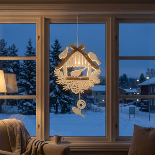 LED‑Fensterbild aus naturfarbenem Holz mit Motiv „Vogelfütterung“, warm beleuchtet und am Fenster aufgehängt. Dargestellt ist ein Vogelhäuschen mit mehreren Vögeln, umgeben von Tannenzweigen und Zapfen; ein kleines hängendes Futterelement ergänzt die Szene. Im Hintergrund ist eine verschneite Winterlandschaft bei Abenddämmerung zu sehen; im Innenraum stehen ein Sessel mit Decke und eine Tasse auf der Fensterbank.
