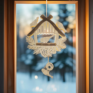LED‑Fensterbild „Vogelfütterung“, das an einer Fensterscheibe hängt. Das Motiv zeigt ein kleines filigranes Futterhäuschen aus hellem Holz mit mehreren ausgeschnittenen Vögeln: zwei sitzen auf dem Dach, einer im Inneren des Häuschens und ein weiterer an einem herabhängenden Element. Unterhalb sind detaillierte Tannenzweige und ein großer Zapfen zu sehen. Das warme LED‑Licht leuchtet von hinten durch das Motiv, vor einem winterlichen, leicht verschwommenen Außenhintergrund.