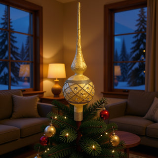 Goldfarbene Christbaumspitze aus Glas mit edlem Eislack-Finish auf der Spitze eines geschmückten Weihnachtsbaums. Die 30 cm hohe Baumspitze besitzt einen kugelförmigen Mittelteil mit goldenen Glitzerlinien im Rautenmuster und funkelnden Schmucksteinen. Warme Lichter, goldene und rote Christbaumkugeln sowie eine gemütliche Winterkulisse im Hintergrund unterstreichen die festliche Atmosphäre.