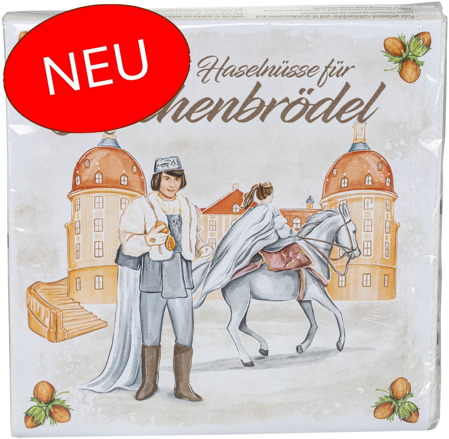 Servietten mit der Aufschrift: "Drei Haselnüsse für Aschenbrödel" und mit Prinz, Aschenbrödel auf Pferd, Schloss Moritzburg 