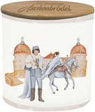 Keramikdose weiß mit Holzdeckel und Illustrationen von Prinz, Aschenbrödel und Schloss Moritzburg
