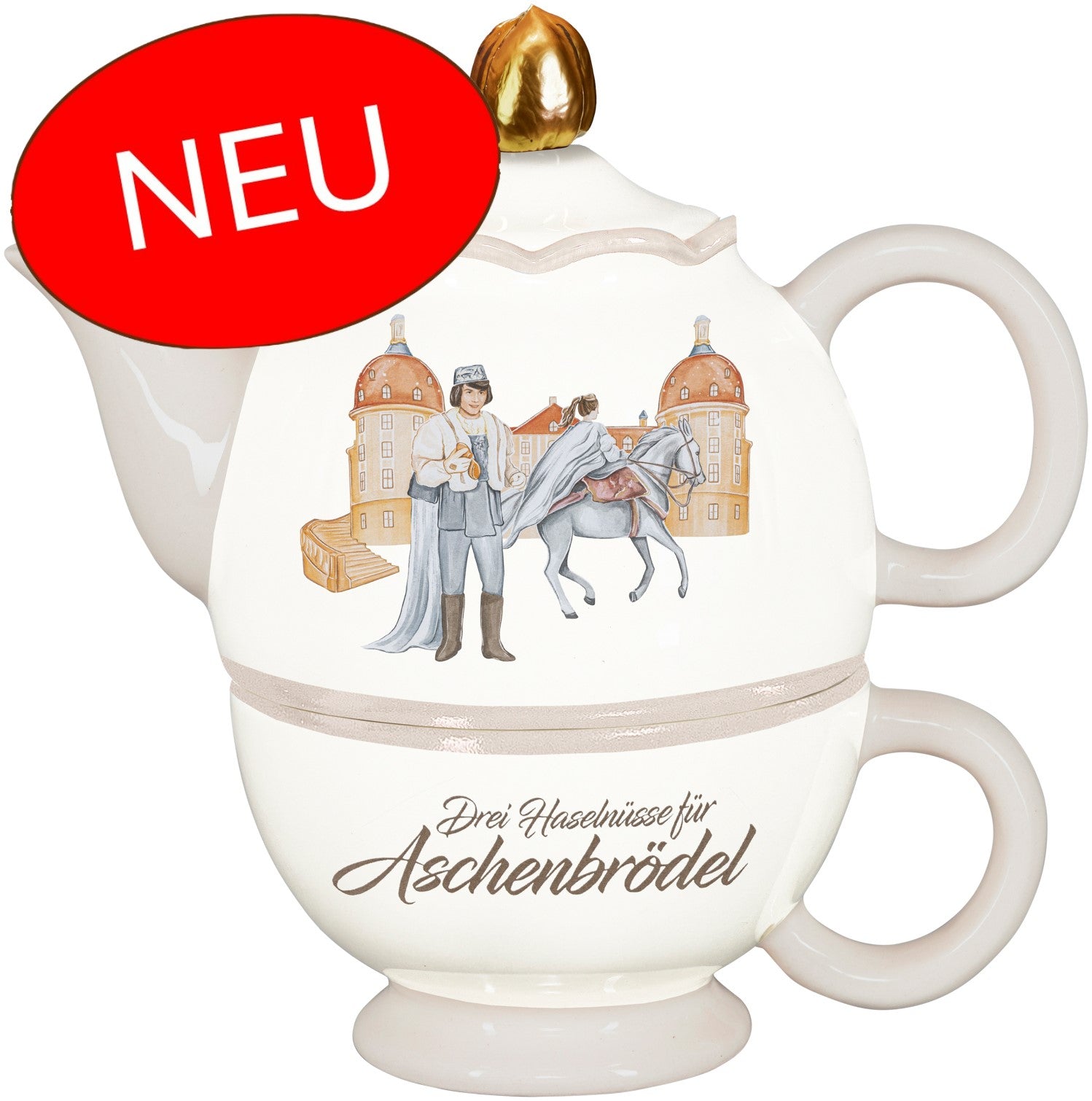 Teeset aus Tasse und Kanne mit Deckel, weiß, mit Illustrationen von Prinz, Aschenbrödel und Schloss Moritzburg