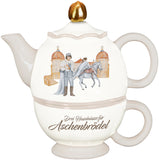 Teeset aus Tasse und Kanne mit Deckel, weiß, mit Illustrationen von Prinz, Aschenbrödel und Schloss Moritzburg