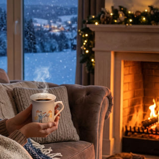 Porzellan-Kaffeebecher „Drei Haselnüsse für Aschenbrödel®“ mit Motiv aus dem Film, gefüllt mit Kaffee. Der Becher wird auf einem Sofa vor einem brennenden Kamin gehalten, während draußen eine verschneite Winterlandschaft zu sehen ist.