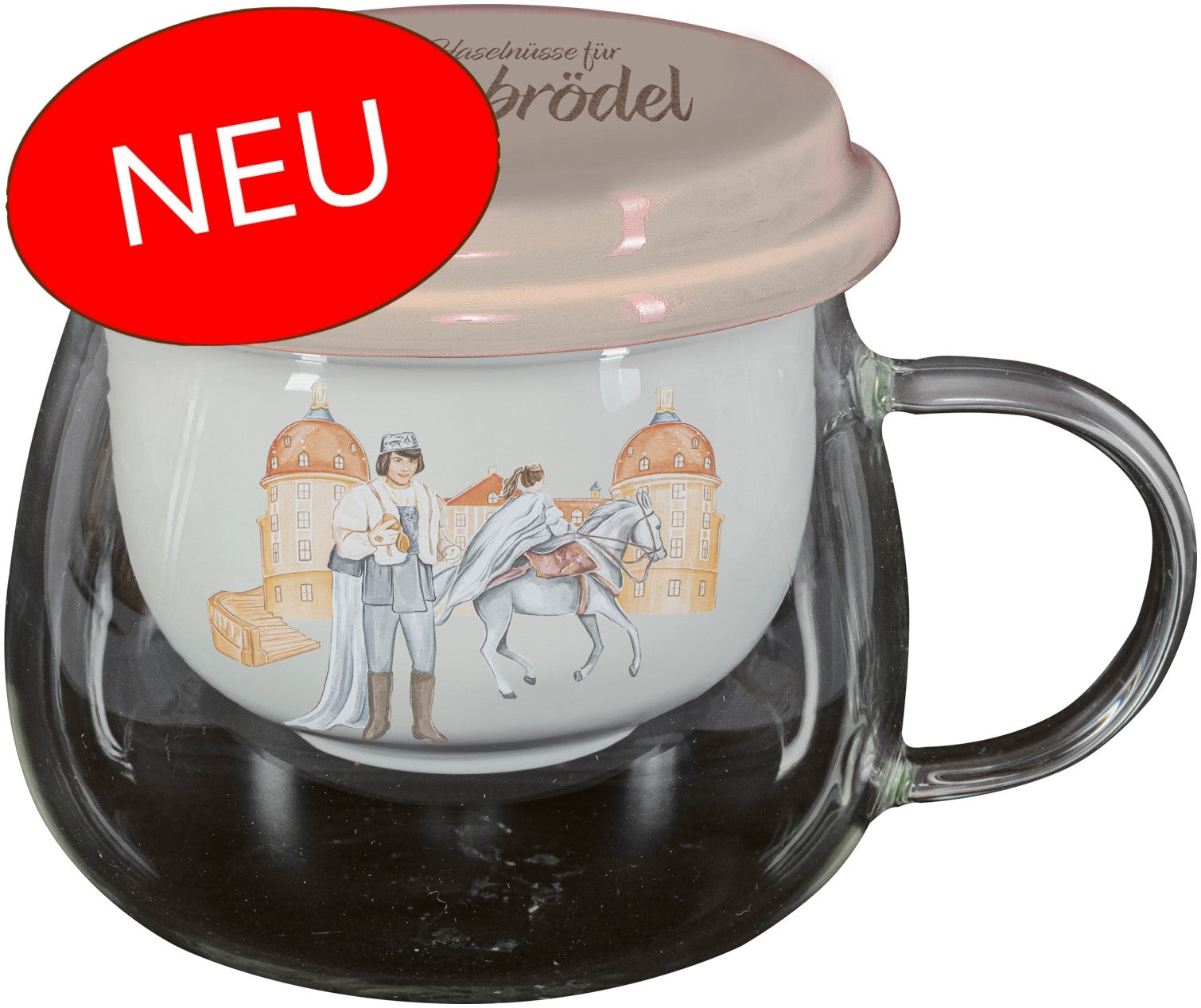 Glas mit Henkel mit Teeeinsatz aus Keramik, mit Illustrationen von Prinz, Aschenbrödel und Schloss Moritzburg