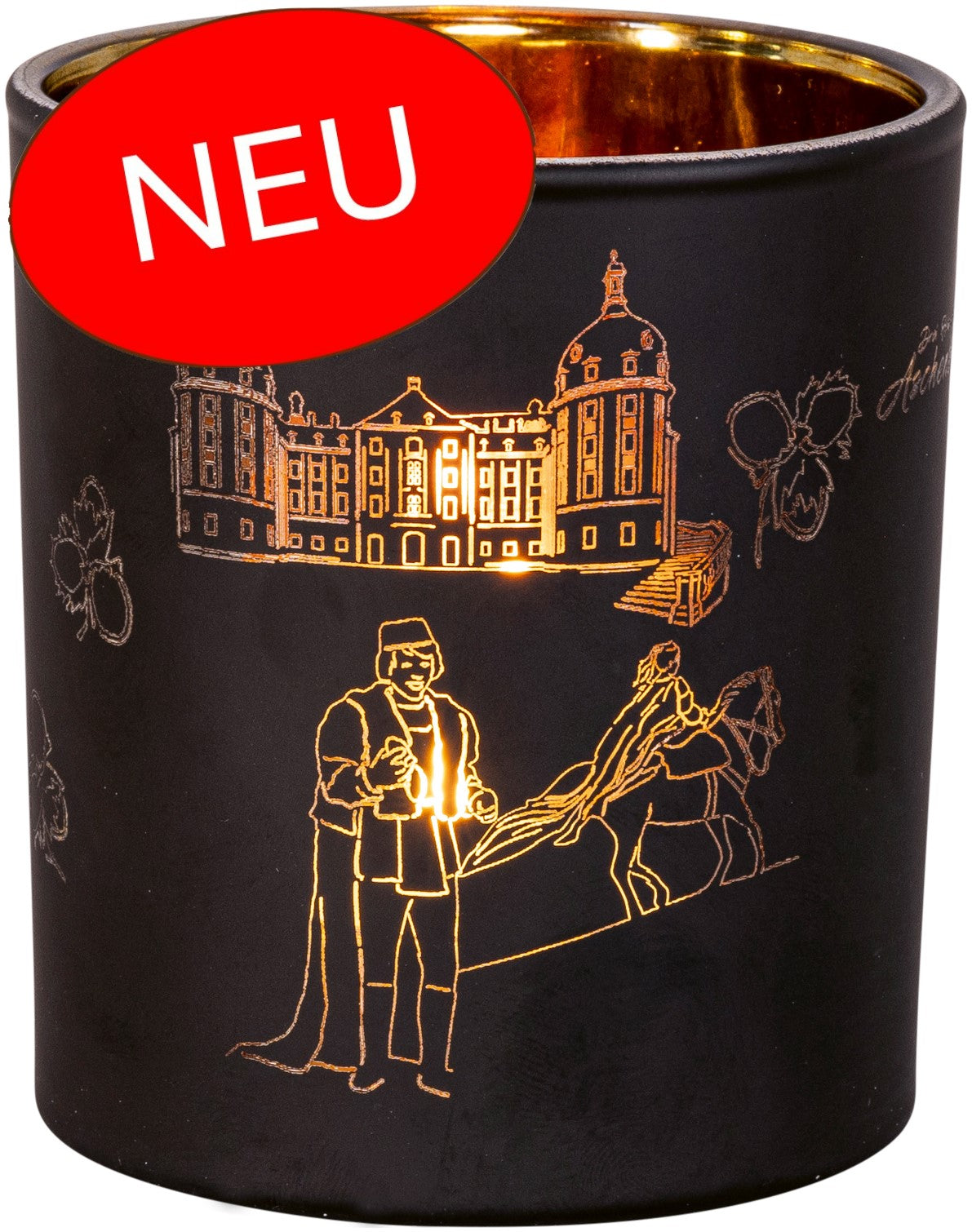 Glas schwarz-matt mit Prinz, Aschenbrödel und Schloss Moritzburg