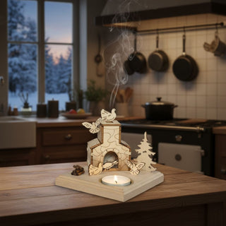 Räuchermännchen „Räucherofen – Drei Haselnüsse für Aschenbrödel®“ (12 cm), naturbelassen gestaltet mit filigranen Vogelfiguren und dekorativem Ofenmotiv, inkl. Teelichthalter und Räucherkerzen, rauchend auf einem Tisch in gemütlicher Küchenumgebung vor winterlicher Fensterkulisse dekoriert.