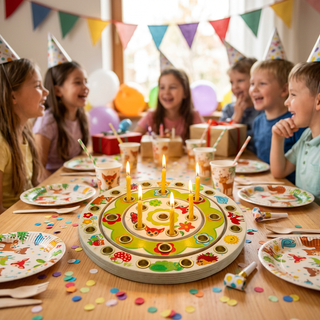 Geburtstagsringe „Waldtiere“, farbig, im Einsatz auf einem Kindergeburtstag: Rundes Holzbrett mit mehreren konzentrischen Ringen und eingesetzten Kerzenhaltern, verziert mit bunten Tiermotiven wie Fuchs, Reh, Igel und Marienkäfer. In den Haltern brennen mehrere Kerzen. Das Brett steht mittig auf einem gedeckten Tisch mit Tellern, Bechern, Konfetti und Partyhütchen. Im Hintergrund sitzen mehrere Kinder an der Tafel, darüber hängt eine Girlande aus bunten Wimpeln.