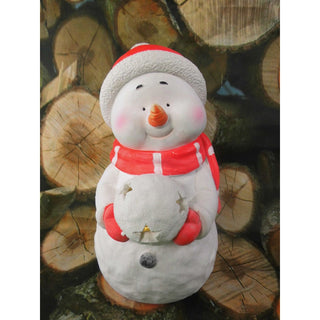 Dekofigur eines Schneemanns mit roter Mütze und rotem Schal, der einen beleuchtbaren Schneeball in den Händen hält. Holzstapel im Hintergrund