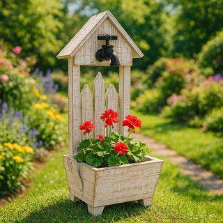 Dekorativer, kleiner Holzbrunnen als Pflanzgefäß mit schwarzem Wasserhahn, bepflanzt mit roten Geranien, steht auf grünem Rasen in einem blühenden Garten mit Weg im Hintergrund.