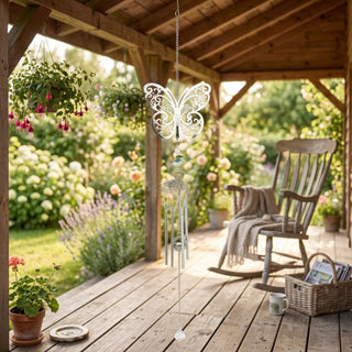 Klang-Windspiel „Schmetterling“ aus Edelstahl (ca. 75 cm), mit filigranem Schmetterlingsmotiv und hängenden Klangstäben. Aufgehängt unter einer Holzterrasse in einem blühenden Garten neben Schaukelstuhl und Pflanzen.