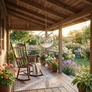 Windspiel „Schmetterlinge“ aus Edelstahl (ca. 80 cm), rundes Design mit filigranen Schmetterlingsmotiven und hängenden Zierelementen. Aufgehängt unter einer Holzterrasse vor blühendem Garten mit Schaukelstuhl und Pflanzen.
