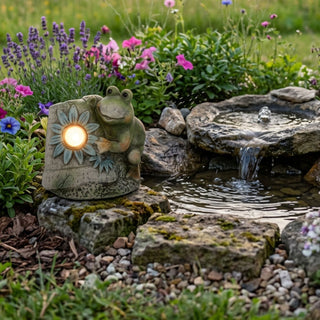 Keramik-Frosch mit Solar-LED (ca. 12 cm), hält eine Platte mit leuchtendem Licht und Blumenmotiv. Platziert auf Steinen neben einem kleinen Gartenteich, umgeben von blühenden Pflanzen.