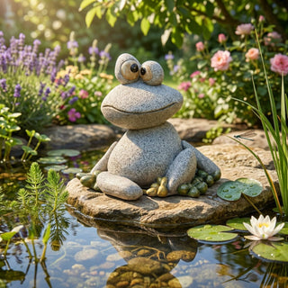 Dekofigur Frosch (ca. 27 cm) aus Polyresin im Stein-Design, sitzt mit großen Augen auf einem flachen Stein am Gartenteich, umgeben von Wasserpflanzen, Seerosen und blühendem Garten im Hintergrund.
