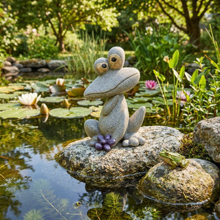 Dekofigur Frosch (ca. 23 cm) aus Polyresin im Stein-Design, sitzt mit großen Augen auf einem Stein am Gartenteich. Umgeben von Seerosen, Wasserpflanzen und blühendem Garten; daneben sitzt ein echter kleiner Frosch auf einem Stein.