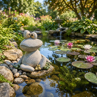 Dekofigur Frosch (ca. 20 cm) aus Polyresin im Stein-Design, sitzt mit großen Augen auf einem Stein am Rand eines Gartenteichs. Umgeben von Seerosen, Wasserpflanzen, Steinen und einem blühenden Garten.