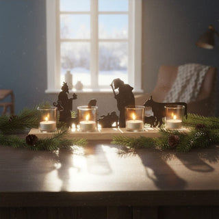 Kerzenhalter für vier Teelichte mit Motiv „Christi Geburt“, auf einem Holztisch vor einem Fenster in winterlicher Umgebung platziert. Vier Glas-Teelichthalter mit brennenden Kerzen stehen in einer Reihe und beleuchten eine filigrane Silhouette der Heiligen Familie mit Hirten und Tieren. Tannenzweige und Zapfen rahmen die Dekoration ein; im Hintergrund ist eine verschneite Winterlandschaft durch das Fenster zu sehen.