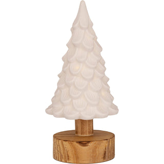 LED-Keramikbaum mit strukturierter Oberfläche auf zylindrischem Holzstamm, 21 cm hoch – stilvolle Weihnachtsdekoration mit warmem Licht.