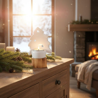 Kerzenhalter für ein Teelicht mit stilisiertem Tannenbaum auf Holzsockel, dekoriert auf einer Kommode. Der weiße Baum mit sternförmigen Ausschnitten steht hinter einem Teelicht in einer Halterung aus Holz und Keramik. Das warme Kerzenlicht sorgt für eine gemütliche Atmosphäre. Im Hintergrund sind ein Fenster mit verschneiter Winterlandschaft, ein Kaminfeuer sowie Tannenzweige und Zapfen als dekorative Elemente zu sehen.