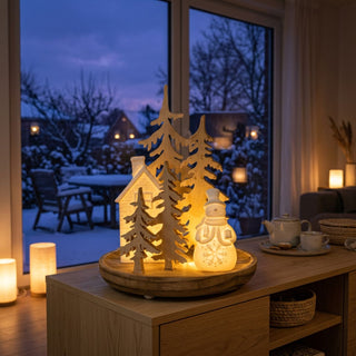 LED Dekoration (24 cm) mit Keramikfiguren auf Holzsockel, warmweiß beleuchtet, mit detailreicher Szene aus Häuschen, Tannenbäumen und Schneemann auf einem runden Holztablett, als stimmungsvolle Tischdekoration vor winterlicher Fensterkulisse.