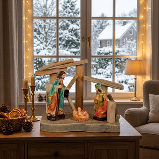 Dekofigur Krippe „Heilige Familie“ (ca. 13 cm), farbig gestaltet mit Maria, Josef und dem Kind in einer Krippenszene unter einem rustikalen Holzdach. Die Figur steht auf einem Holztisch in einer gemütlichen Wohnstube; im Hintergrund ein Fenster mit verschneiter Winterlandschaft, warmes Kerzenlicht, eine Lampe sowie dekorative Elemente wie Tannenzapfen und getrocknete Orangenscheiben, die eine festliche Atmosphäre schaffen.
