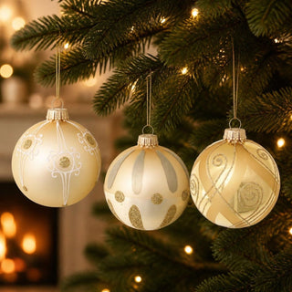 Christbaumschmuck Glaskugelset, 3-teilig, gold, mit drei hochwertigen Weihnachtsbaumkugeln aus Glas in cremefarbenen und goldenen Nuancen. Jede Kugel ist mit individuellen Glitzerornamenten, feinen Linien und dekorativen Mustern verziert. Die edlen Christbaumkugeln sorgen für stilvolle Akzente am Weihnachtsbaum und harmonieren perfekt mit klassischer sowie moderner Weihnachtsdekoration.