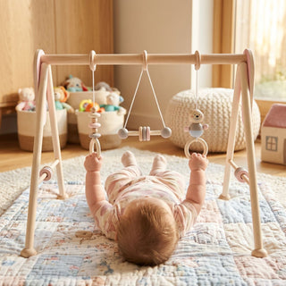 "Baby spielt auf dem Rücken mit Spielbogen 'Bärchen' in Rosa auf weicher Krabbeldecke – fröhlicher Entdeckungsmoment im hellen Kinderzimmer"