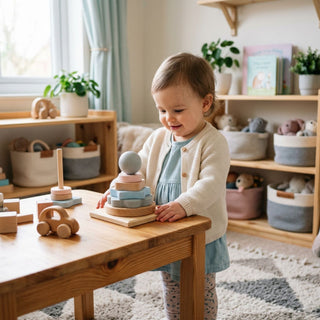 Kleinkind spielt fröhlich mit Stapelturm 'Natur' am Holztisch – konzentrierter Lernmoment im hellen Kinderzimmer