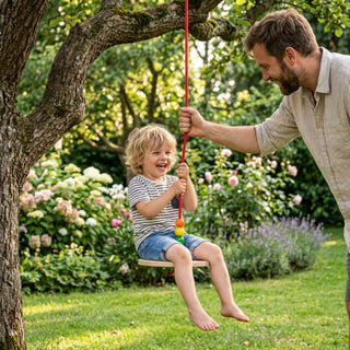 Tellerschaukel in bunten Farben im sonnigen Garten – fröhliches Schaukeln im sommerlichen Licht