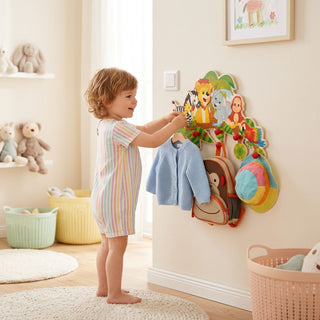 Garderobe „Dschungel“ mit 5 Haken, bunt gestaltet mit Tiermotiven wie Löwe, Elefant und Papagei. Ein Kind hängt Kleidung und einen Rucksack an die Haken in einem hellen Kinderzimmer; im Hintergrund sind Spielzeugkörbe und Kuscheltiere zu sehen.