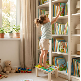 Farbig gestaltete Fußbank „Dschungel“, ca. 25 cm hoch, mit buntem Tiermotiv. Ein Kind steht darauf und greift nach einem Buch in einem weißen Bücherregal in einem hellen Kinderzimmer.