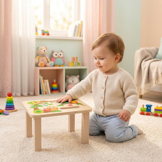 Fußbank 'Eulen' aus Holz in bunten Farben mit fröhlichen Eulen-Motiven auf der Sitzfläche – Kleinkind spielt im hellen, freundlichen Kinderzimmer mit cremefarbener Wand, weißem Regal mit Kuscheltieren (Eulen, Hasen) und Kinderbüchern, beigem Sofa und flauschigem cremefarbenem Teppich – unbeschwerte Spielatmosphäre im natürlichen Wohnambiente